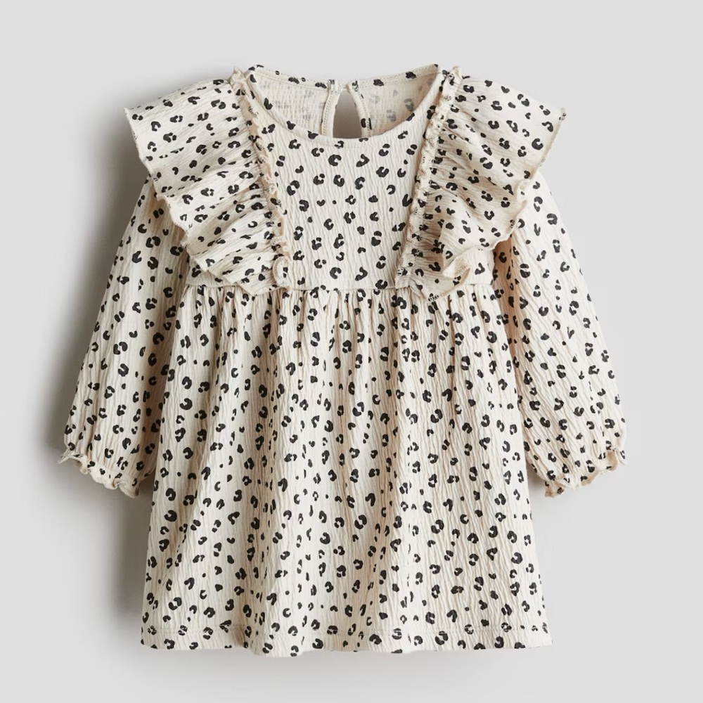 H&M Beige Dress with Black Spot Print and Ruffle Detail